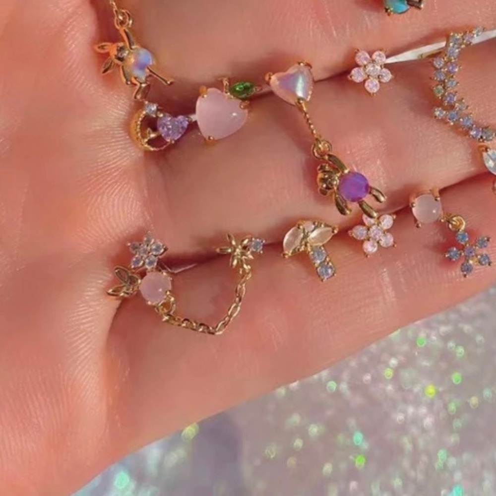 Pink Crystal Ball Floral Garden Butterfly Gold Pierced Drop Chain Earrings 2pc - Picture 10 of 10